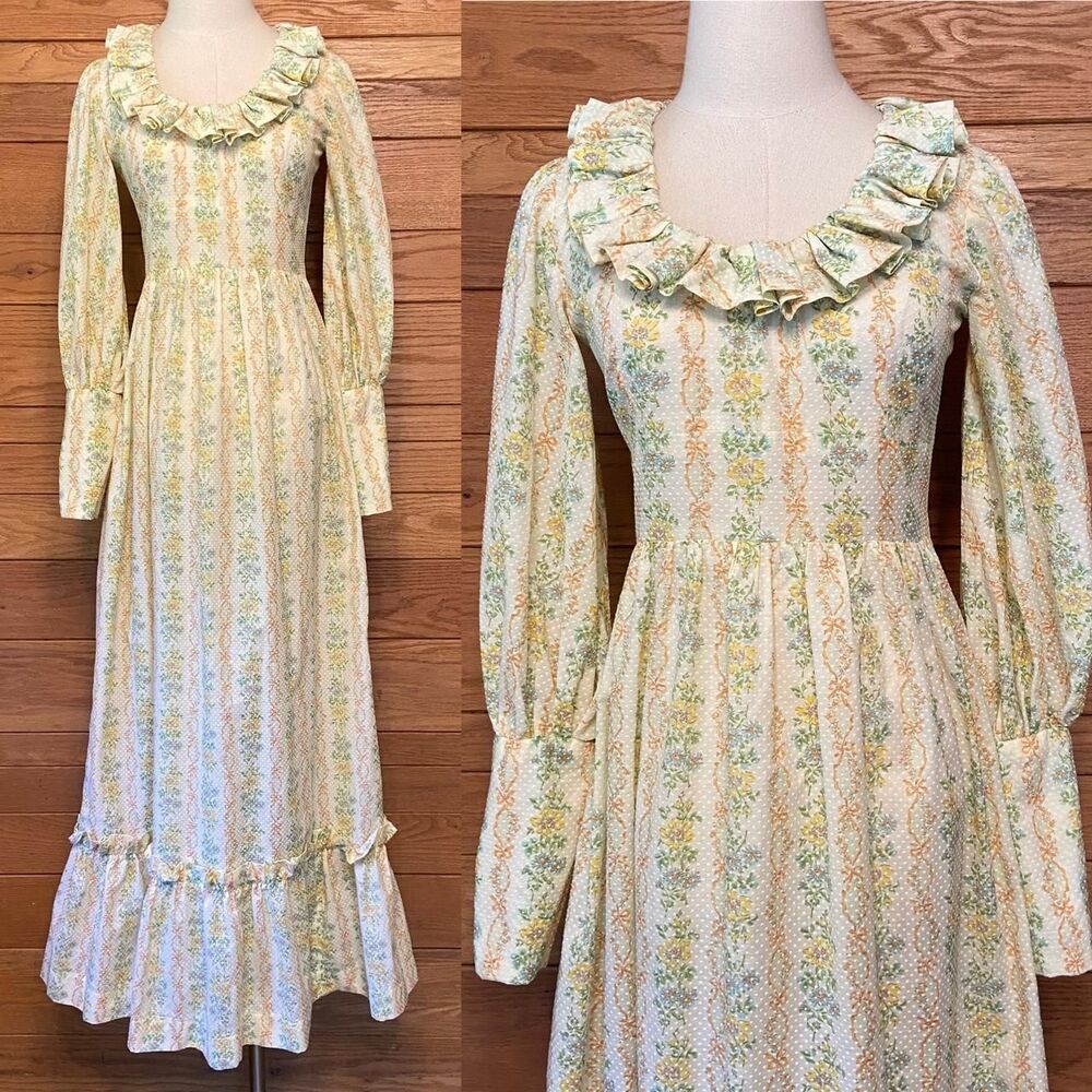 Vintage 1970s floral swiss dot long sleeve maxi prairie dress